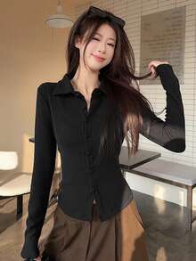 女士长袖衬衫领开衫 - 黑色 - 查看 3