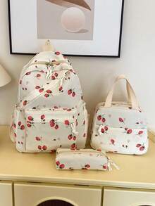 Set de 3 rucsacuri la modă cu model de căpșuni, stil școlar, inclusiv rucsac, geantă de prânz și penar, cu compartiment pentru laptop, bretele reglabile, set de ghiozdane cu capacitate mare și mai multe buzunare, set de rucsac multifuncțional de zi cu zi, potrivit pentru fete/adolescenți/studenți/absolvenți pentru uz zilnic/vacanță/călătorii/înapoi la școală - alb - Vizualizare 9