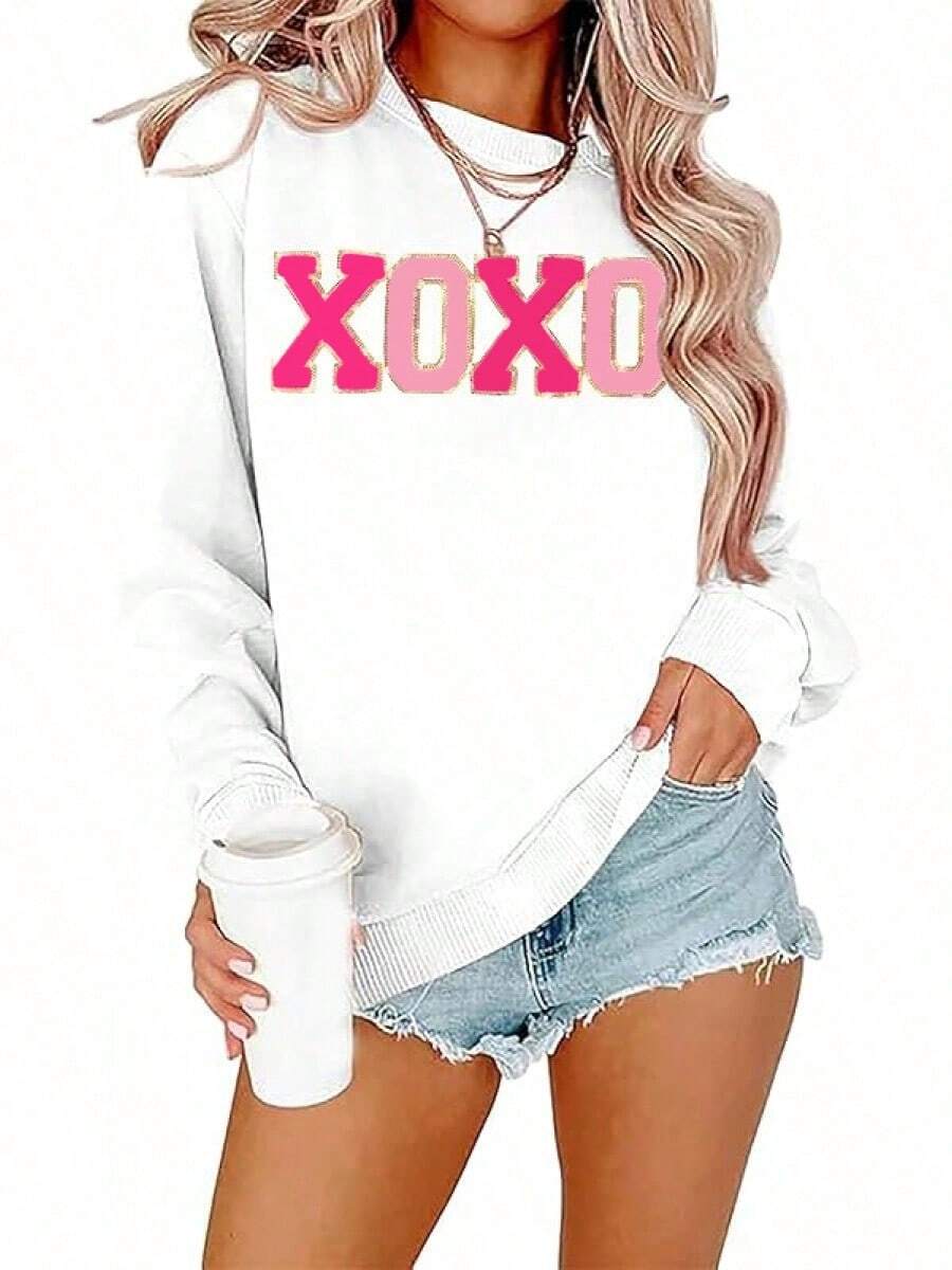 Valentine Sweatshirt For Women Glitter XOXO Printed Pullover Top Novelty Valentine's Day Long Sleeve Gift Top - 懷特-h - 查看 1