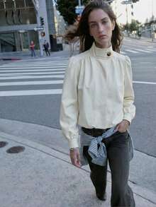 Solid High Neck Jacket With Puff Sleeves, Elegant Gathered Shoulder Bomber Coat, Chic Balloon Sleeve Spring Outerwear - Beige - View 2