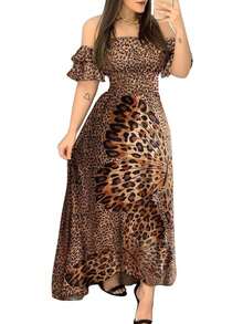 Women Long Flared Dress Elegant Off Shoulder Short Sleeve Leopard Printed Butterfly Dress - màu nâu - Xem 1