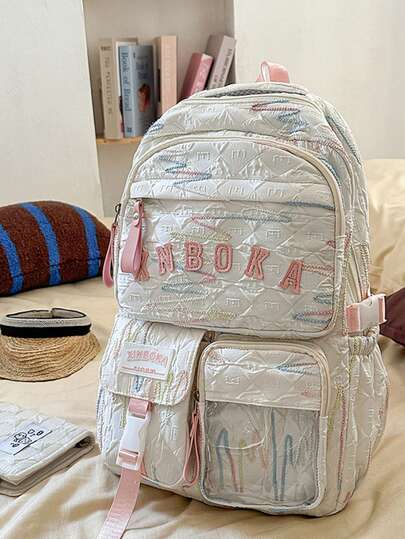 1 pieza Bolso de hombro con estampado de estrella negra sobre fondo blanco + decoración de alas, cierre con cremallera, estilo dulce y fresco, adecuado para salidas y viajes de mujeres, para todas las estaciones