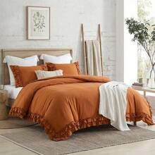 Ruffled Duvet Cover Set Pink Boho Bedding Set Pleated Ruffle Fringe Romantic Bedroom Decor Super Soft Breathable Comforter Cover Set - 鐵鏽紅色 - 查看 3