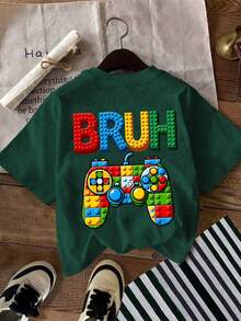 Camiseta de manga corta con cuello redondo y estampado de "BRUH" y control de juegos para niños, nueva ropa de primavera/verano para niños - Verde Oscuro - Ver 2