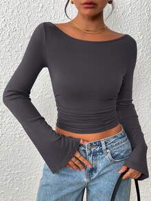 Women's Spring Fall Long Sleeve Shirts Crop Going Out Tops Casual Boat Neck Bell Sleeve Ribbed Ruched Y2K Clothes - Dark Grey - View 2