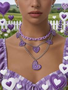 1pc Multi-Layer Heart Print Necklace, Rose Red - Blue - View 14