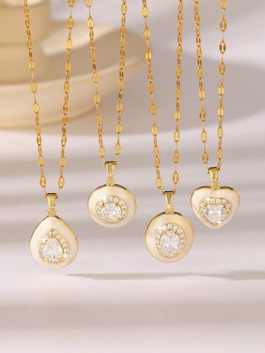 1pc Stainless Steel Bone Pendant Necklace With Water Drop & Heart Charms, Fashion Jewelry Gift For Women, Mothers, Mother's Day - Gold - View 1