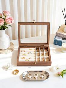 1个复古木质首饰盒，带玻璃面板和防尘盖 - 八角形收纳盒，可存放手镯、戒指、耳环、项链 - 多层设计，内置耳环钩和织物内衬，方便收藏和收纳，金属搭扣锁，结构坚固耐用，可作展示柜，时尚达人专属首饰盒 - 多色 - 查看 2