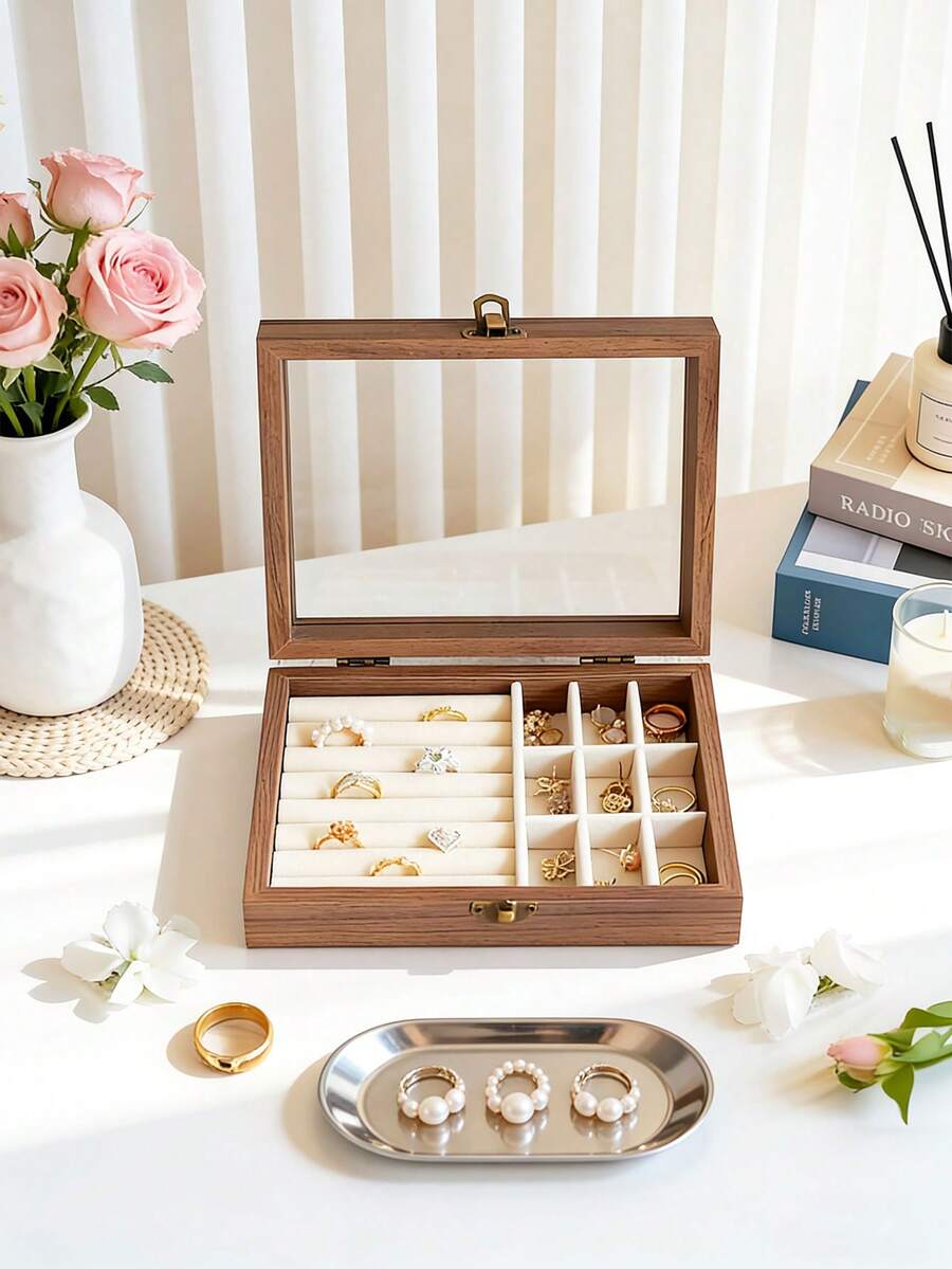 1个复古木质首饰盒，带玻璃面板和防尘盖 - 八角形收纳盒，可存放手镯、戒指、耳环、项链 - 多层设计，内置耳环钩和织物内衬，方便收藏和收纳，金属搭扣锁，结构坚固耐用，可作展示柜，时尚达人专属首饰盒