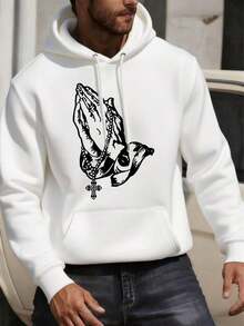 Sudaderas con capucha extragrandes con gráfico de manos rezando y cruz de rosario para hombres, ropa de invierno para niños, ajuste holgado, manga larga, sudadera con bolsillo, opciones en blanco y negro, moda de invierno, sudaderas, adecuadas para fiestas, actividades al aire  ocio, regalo para hombres, regalo perfecto para las fiestas, talla S-3XL - Blanco - Ver 8