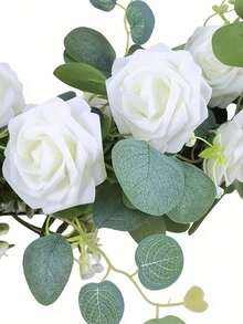 1/2个人造尤加利花环，配白色玫瑰，仿真花环，人造海滨海桐花环，配绿色藤蔓，适用于婚礼装饰、拱门悬挂玫瑰藤蔓、仪式背景、室内和派对、生日庆典、婚礼背景、门廊、桌面中心装饰 - 白色 - 查看 8