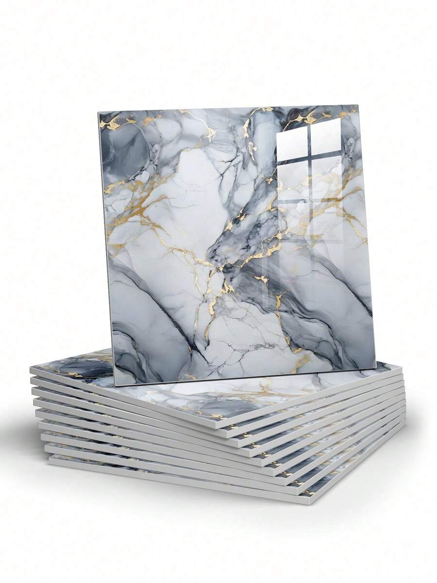 10pcs/Set, 0.9 Sq.M, Faux Ceramic Tile Marble Self-Adhesive Wallpaper, Waterproof Moisture-Proof Wall Decor, Spray Paint Protection, Aluminum Foil Backing For Wall - 10Pcs - View 1