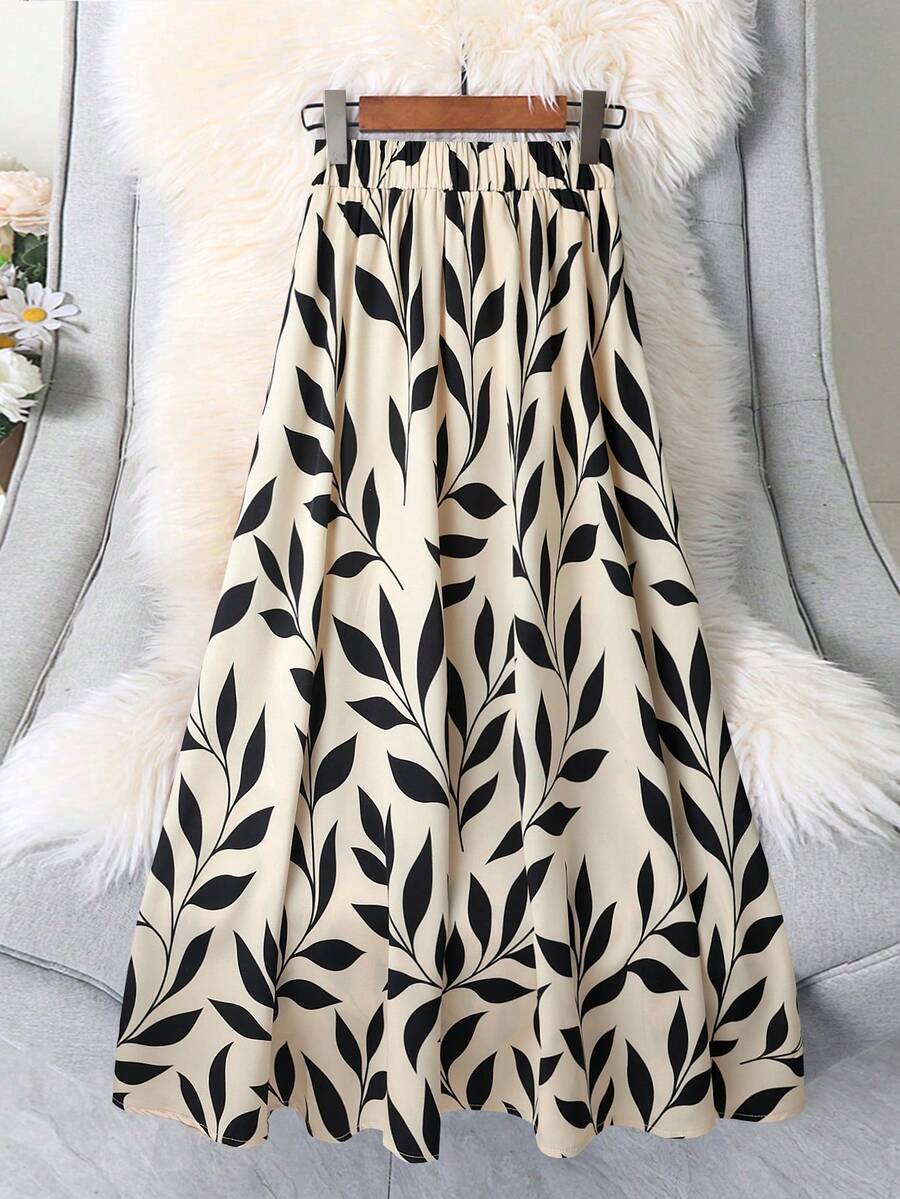 EARO Elegant Women's Long Leaf Print A-Line Skirt, Non-Stretch Fabric, Elastic Waistband, Comfortable Wear Vacation - Apricot Base With Black - View 1