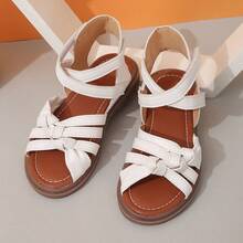 1 Pair Girls Striped Hollow PU Lace-Up Design Flat Cute Sandals, Suitable For Summer - White - View 18