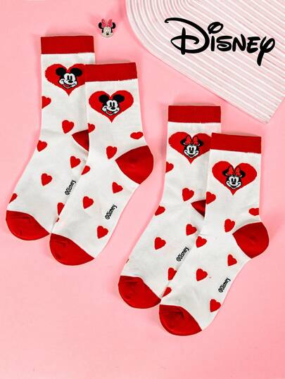  2/1 par de calcetines de media caña con diseño de Mickey y Minnie de Disney, diseño de dibujos animados de Disney lindos, calcetines casuales de tripulación resistentes al olor y que absorben la humedad, adecuados para estudiantes/adultos como regalos o uso diario, a juego en pareja