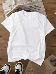 Summer Fitted Regular Shoulder T-Shirt, Basic Style, Vacation Travel Beach, Casual Sporty Elegant - White - View 1