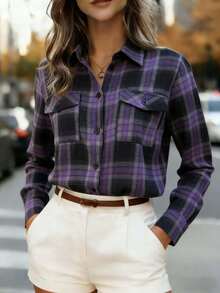 Bluză de damă cu mânecă lungă, model mov, în carouri, cu nasturi, confecționată din poliester și guler înalt - Violet - Vizualizare 4
