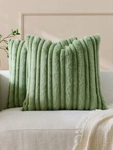 1pc Thick & Thin Rabbit Fur Decorative Throw Pillow Cover, Jacquard Rabbit Fur Front, Plush Velvet Reverse, Square Cushion Cover, Holiday Home Decor Pillow, Soft & Comfortable Velvet Fabric, Modern Decor For Sofa, Bedroom - Pastel Green - View 3