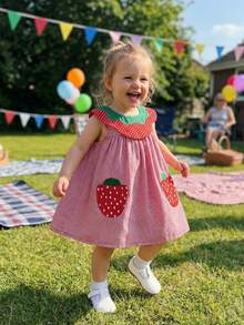 Toddler Baby Girls Plaid Dress Fashionable Strawberry Embroidery A Line Tank Dress - Red - View 5
