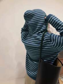 条纹罗纹抽绳撞色滚边休闲针织连帽卫衣，蓝灰色条纹针织上衣，宽松秋冬叠穿针织套头衫，条纹图案抽绳连帽卫衣，宽松长袖秋冬女装 - 藏蓝色 - 查看 3