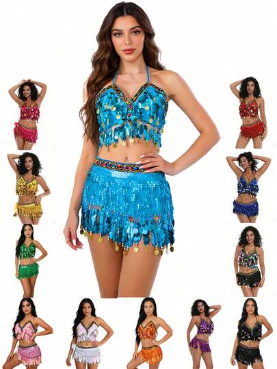 Belly Dance Costume Set Halter Neck Sequin Tassel Bra & Hip Scarf Performance Outfit