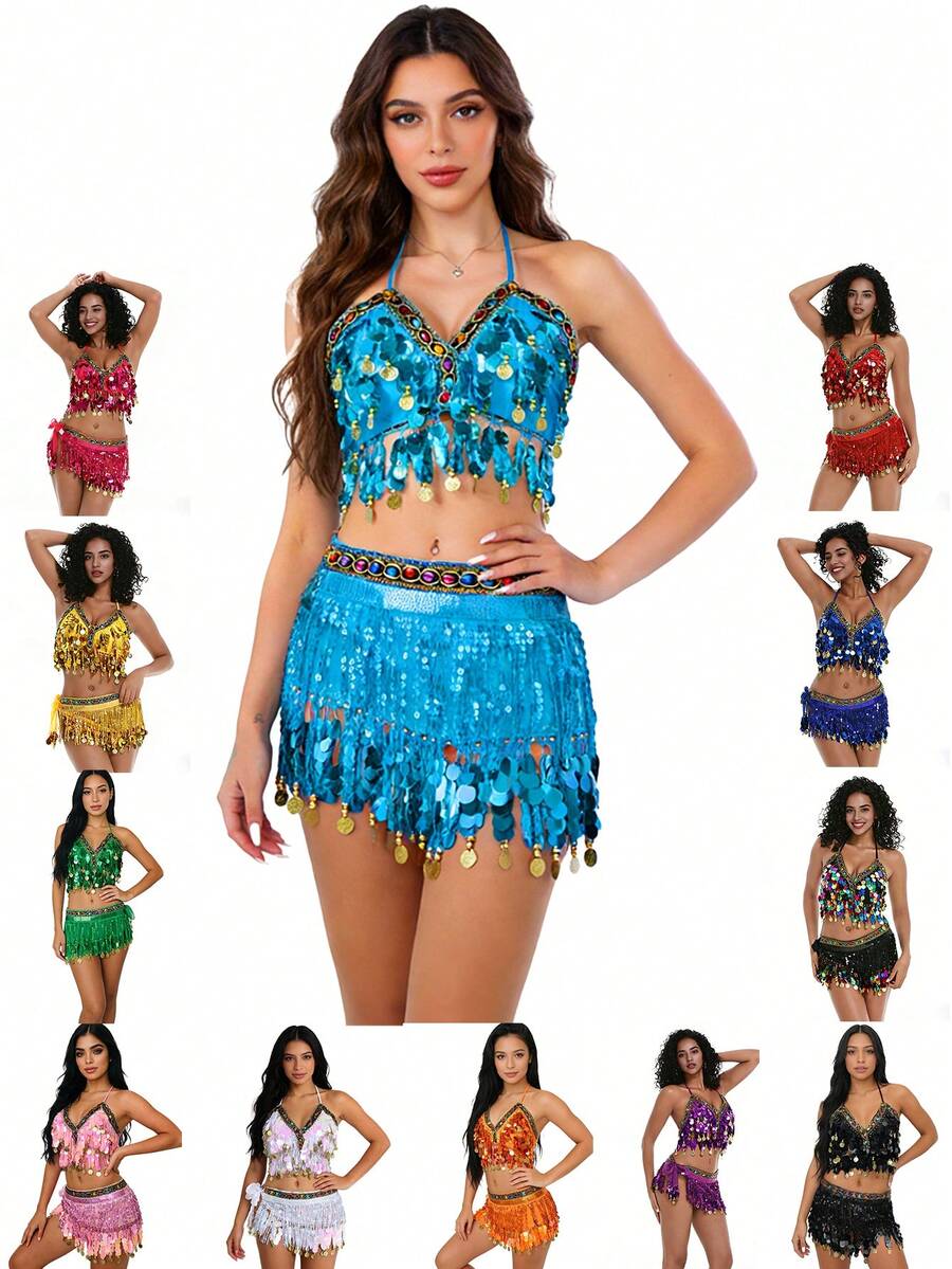 Belly Dance Costume Set Halter Neck Sequin Tassel Bra & Hip Scarf Performance Outfit
