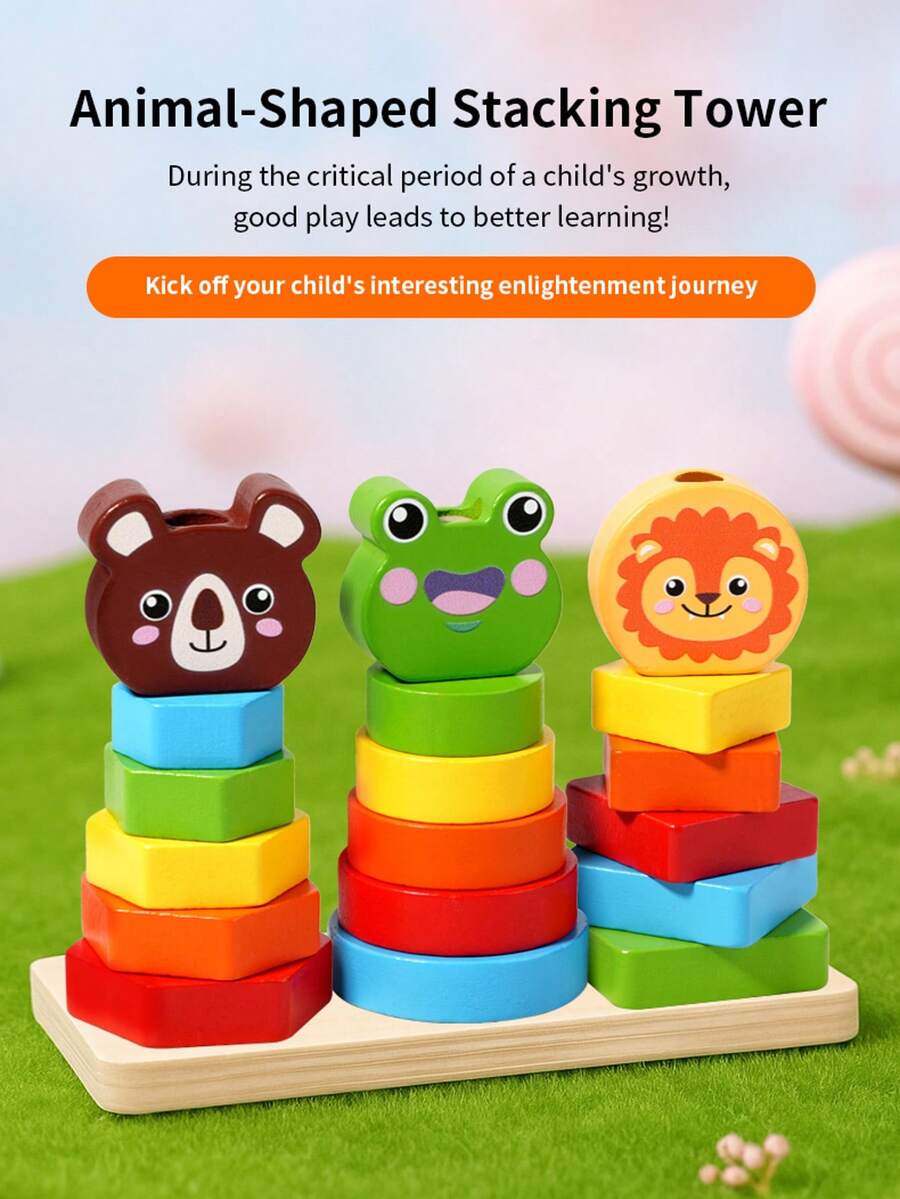 Juguetes de rompecabezas de apilamiento de animales de madera, juego de emparejamiento de formas Montessori, incluye panda, rana, león, regalo de educación temprana colorido adecuado para niños pequeños - Multicolor - Ver 1