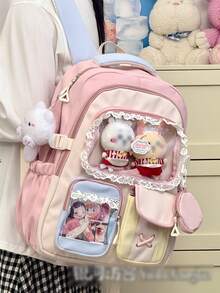 1 chiếc balo Dopamine Sweet Girl chất lượng cao, viền ren tinh tế, kiểu dáng học sinh Nhật Bản, dung tích lớn, thiết kế hai ngăn nhiều túi phối màu, kèm túi đựng phụ kiện, phù hợp cho đi học, du lịch, mua sắm, đựng tượng nhỏ, dùng hàng ngày. - Nhiều màu - Xem 7