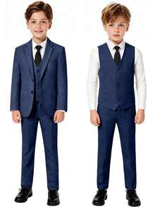 Boys 3 PiecesHerringbone Twill Suit Blazer Waistcoat Dress Pants For Wedding Birthday School Stage Formal Occasions Navy Blue Size 6-16Y - Navy Blue - View 5