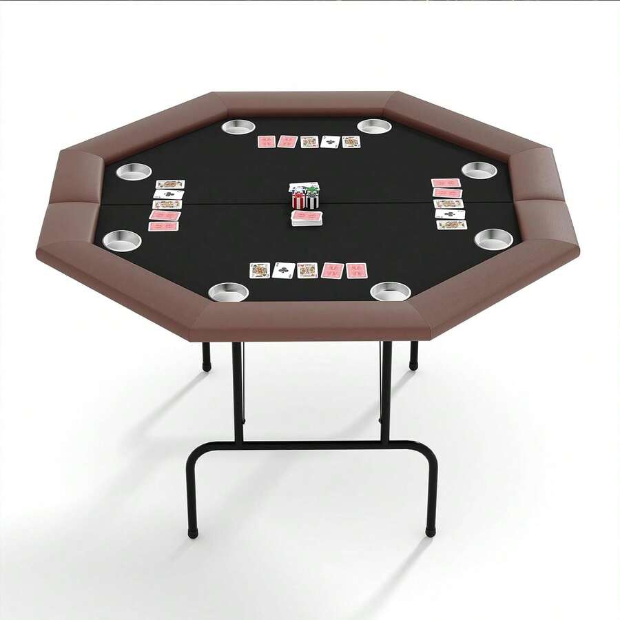 Mesa de póquer octogonal plegable para 8 jugadores, mesa de cartas estilo casino con patas desmontables y soportes de vaso de plástico/acero inoxidable, mesa de juego Texas Holdem Blackjack para fiestas en casa - Acero inoxidable - Ver 1