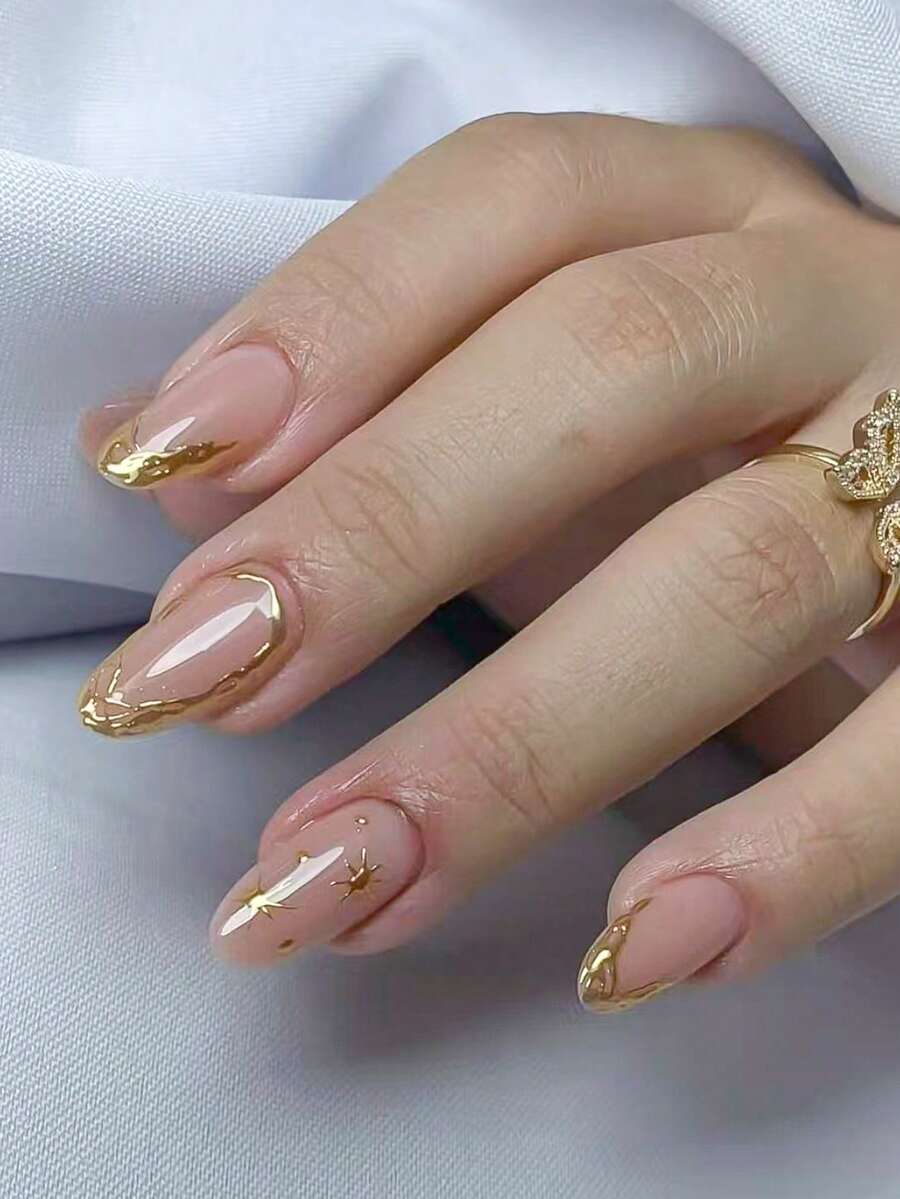 10片手工亚克力印花美甲片，短款假指甲，杏仁形指甲，可爱美甲，Y2K风格美甲，法式美甲，金色指甲搭配手绘星形图案，奢华风格，适合日常、家庭聚会及各种场合。 - 金色 - 查看 1