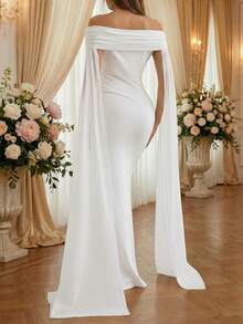 Pregnant Women's White Sheer Knit Elastic Mermaid Maxi Dress, Sleeveless Off-Shoulder, Elegant Maternity Photoshoot, Wedding, Party Gown - White - View 4