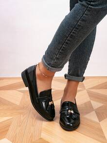 女士乐福鞋，圆头流苏平底乐福鞋，户外复古一脚蹬鞋，女鞋，休闲鞋 - 黑色 - 查看 4