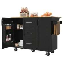 Kitchen Island, Removable Partitions, Removable Casters (Can Be Used As Kitchen Furniture), Serving Cart With Worktop, Sideboard, Wood-Finish Serving Cart, Side Towel Rack On Casters, Black