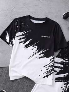 2pcs/Set Teen Boy Spring/Summer Short Sleeve T-Shirt And Jogger Pants, Black & White Contrast Artistic Design, Streetwear Casual Outfit - Black - View 7