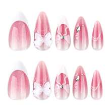 2026hot-Eye Blush Ombre Press On Nails - Short Almond French Tip With 3D Bow, Magnetic Glitter Nails, Cute Manicure Set - JP3779 - 查看 5