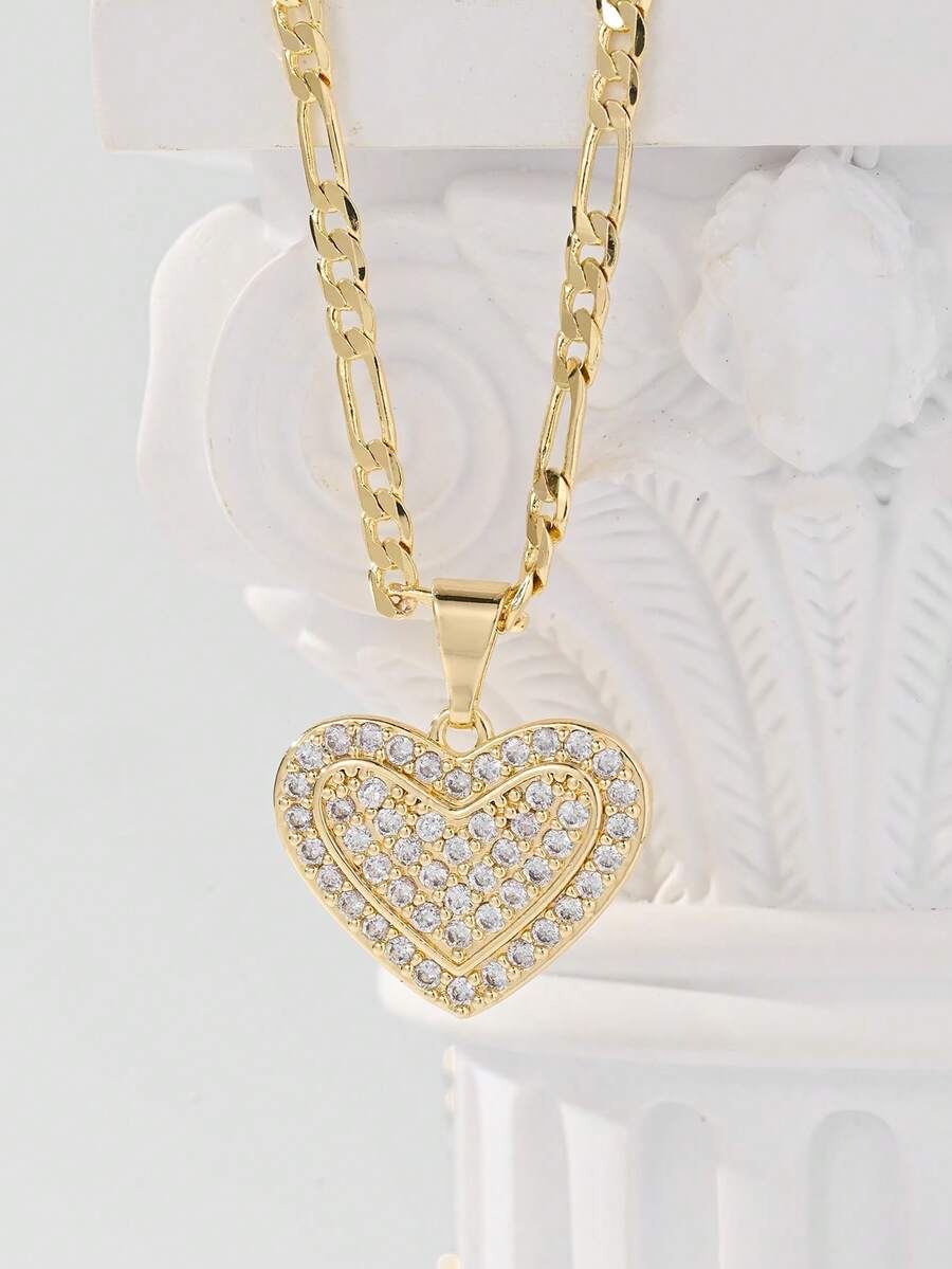 1 pieza Conjunto de collar con colgante de corazón lleno de rhinestones, colgante de corazón romántico, adecuado para mujeres, verano, playa, regalos de Pascua, uso personal - Amarillo Oro - Ver 1