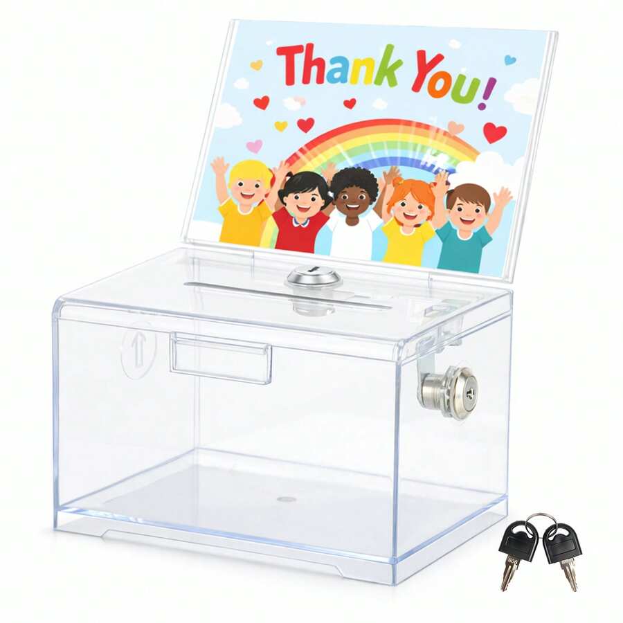 Acrylic Donation Box 15.7*11.6*10cm With Lock & Sign Holder, Clear Ballot & Suggestion Box With Slot For Cash, Coins & Raffle Tickets - Clear - View 1
