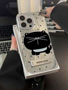 1pc Silver Feather Tulle Cute Cartoon Cat Phone Case With Metal Stand, Compatible With IPhone 11/12/13/14/15/16/17/Pro Max - Silver - View 4