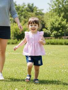 2Pcs Toddler Girls Summer Clothes Infant Baby Gingham Outfit Sleeveless Ruffle T Shirts And Denim Shorts Set - Pink - View 3