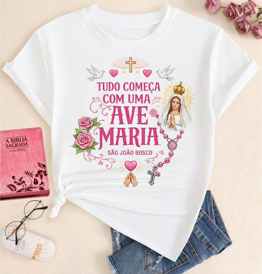 T-Shirt With The Slogan "Everything Starts With A Hail Mary," Plus Size Catholic Christian Gospel Religious T-Shirt. - 白色 - 查看 1