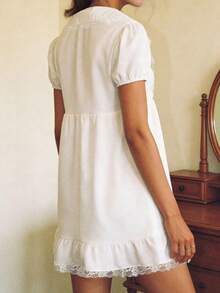 Women's Babydoll Mini Dress Short Sleeve V Neck Ruffle Hem Dress Spring Summer Short Dress - White - View 5