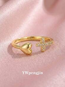 1 chiếc nhẫn hình trái tim đính đá Cubic Zirconia lấp lánh tinh tế, phụ kiện trang sức thanh lịch để đeo hàng ngày, phù hợp cho mọi mùa và là món quà ý nghĩa. - Vàng - Xem 1