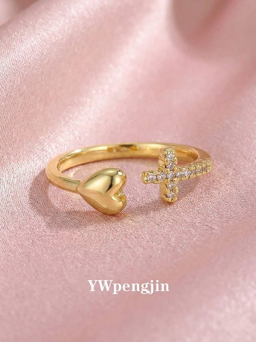 1 chiếc nhẫn hình trái tim đính đá Cubic Zirconia lấp lánh tinh tế, phụ kiện trang sức thanh lịch để đeo hàng ngày, phù hợp cho mọi mùa và là món quà ý nghĩa. - Vàng - Xem 1