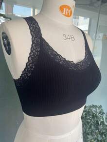 女士黑色条纹针织文胸，法式浪漫性感蕾丝拼接无钢圈无缝全罩杯文胸 - 黑色 - 查看 8