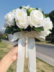 Bó hoa cưới cho cô dâu, hoa cưới màu trắng cho cô dâu và phù dâu với ruy băng lụa và đá quý, hoa hồng nhân tạo để tung trong lễ cưới. - Nhiều màu - Xem 3