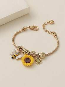 1 Piece Of Fashionable Bracelet Featuring A Golden Sunflower, Bee, And Hollowed-Out Heart-Shaped Flower Design For Teenagers - Multicolor - View 10