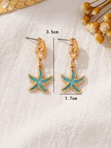 1 par de pendientes colgantes con forma de gota geométrica y estrella de mar de metal para mujeres - Amarillo dorado + azul - Ver 5