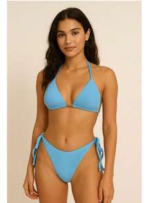 Ribbed Triangle Bikini Bottom, Double String Bikini Bottom, Semi-Thong - Baby Blue - View 1