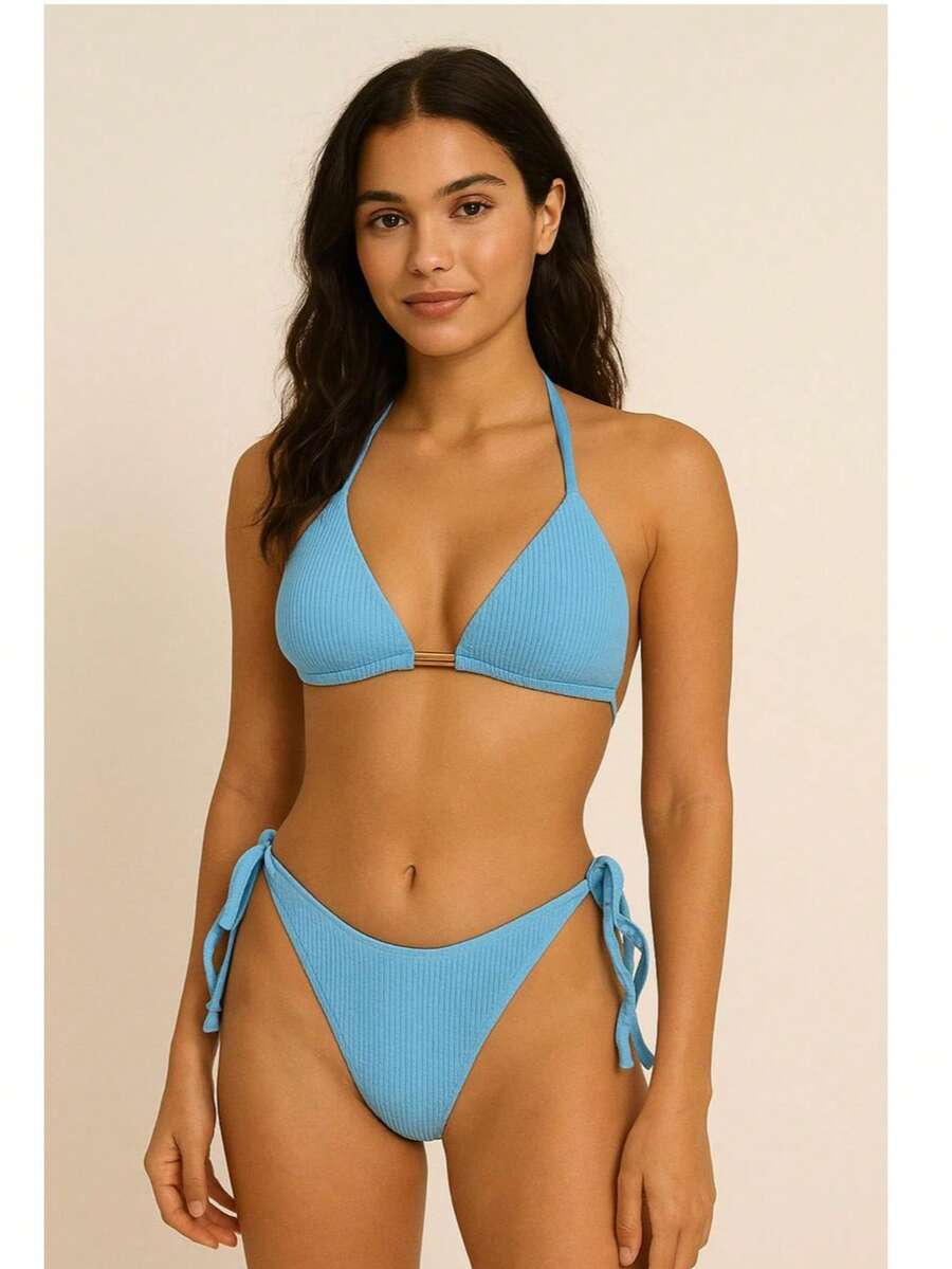 Ribbed Triangle Bikini Bottom, Double String Bikini Bottom, Semi-Thong - Baby Blue - View 1